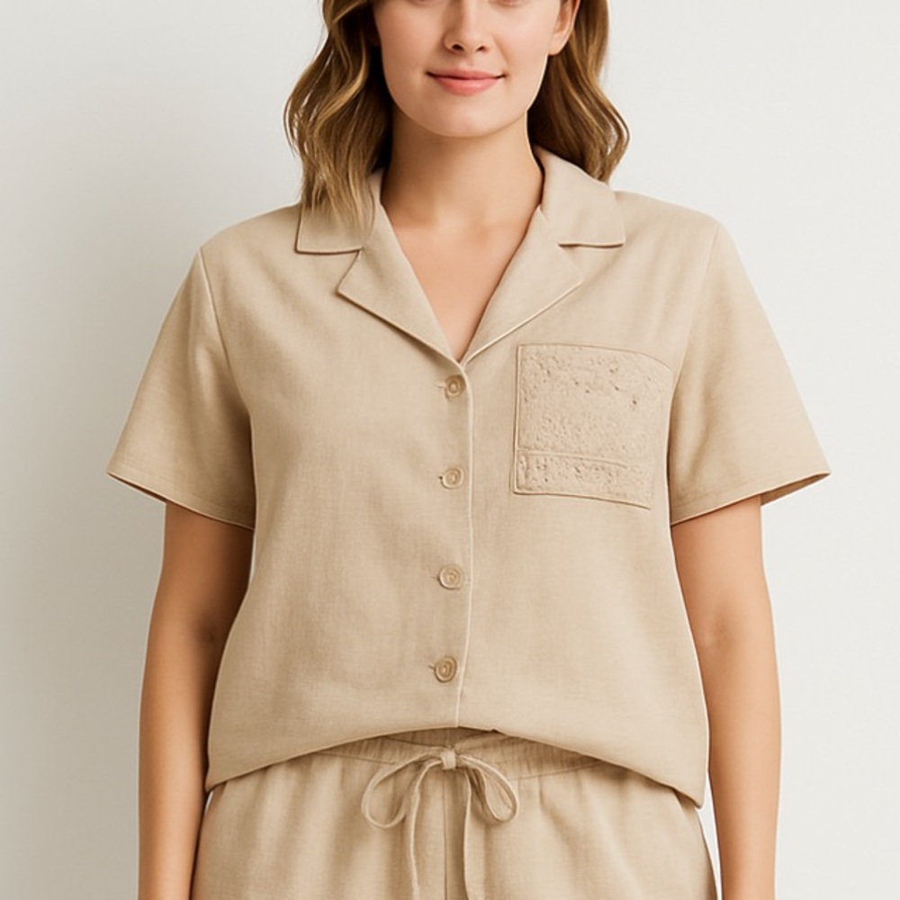 Deja Bleu 2-Piece Cotton Set, Shirt & Shorts, M — Crochet Pocket